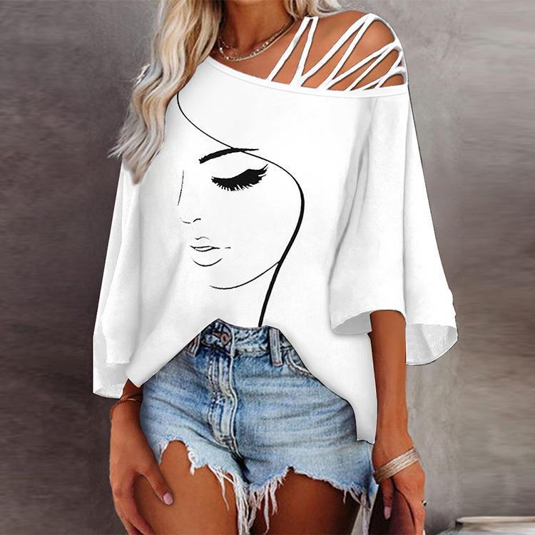 Feminine Face Print Off Shoulder Loose Casual Top