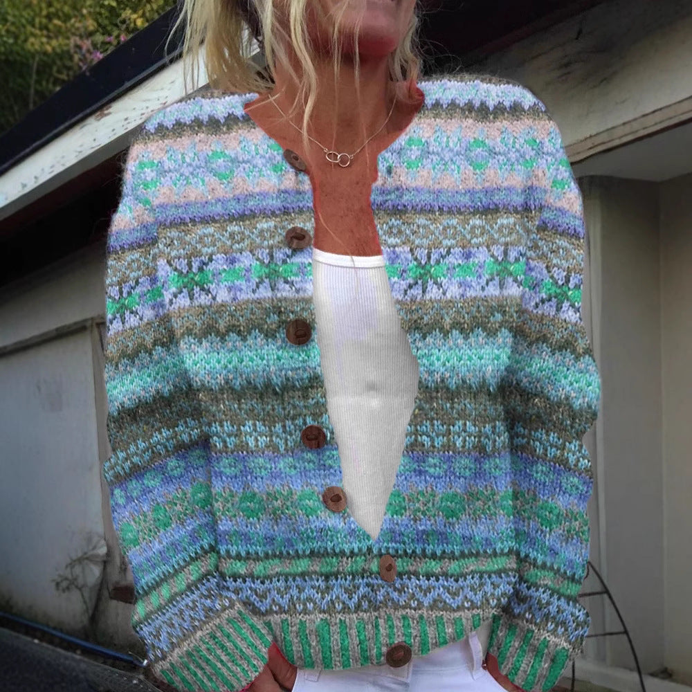 3D Flower Digital Effect Printing Knitted  Cardigan Knitted