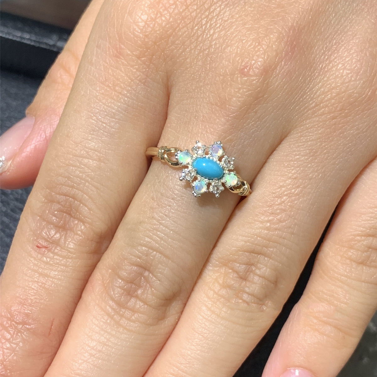 Flower Dome Turquoise Stone Surrounded By Opals Sterling Silver Ring.