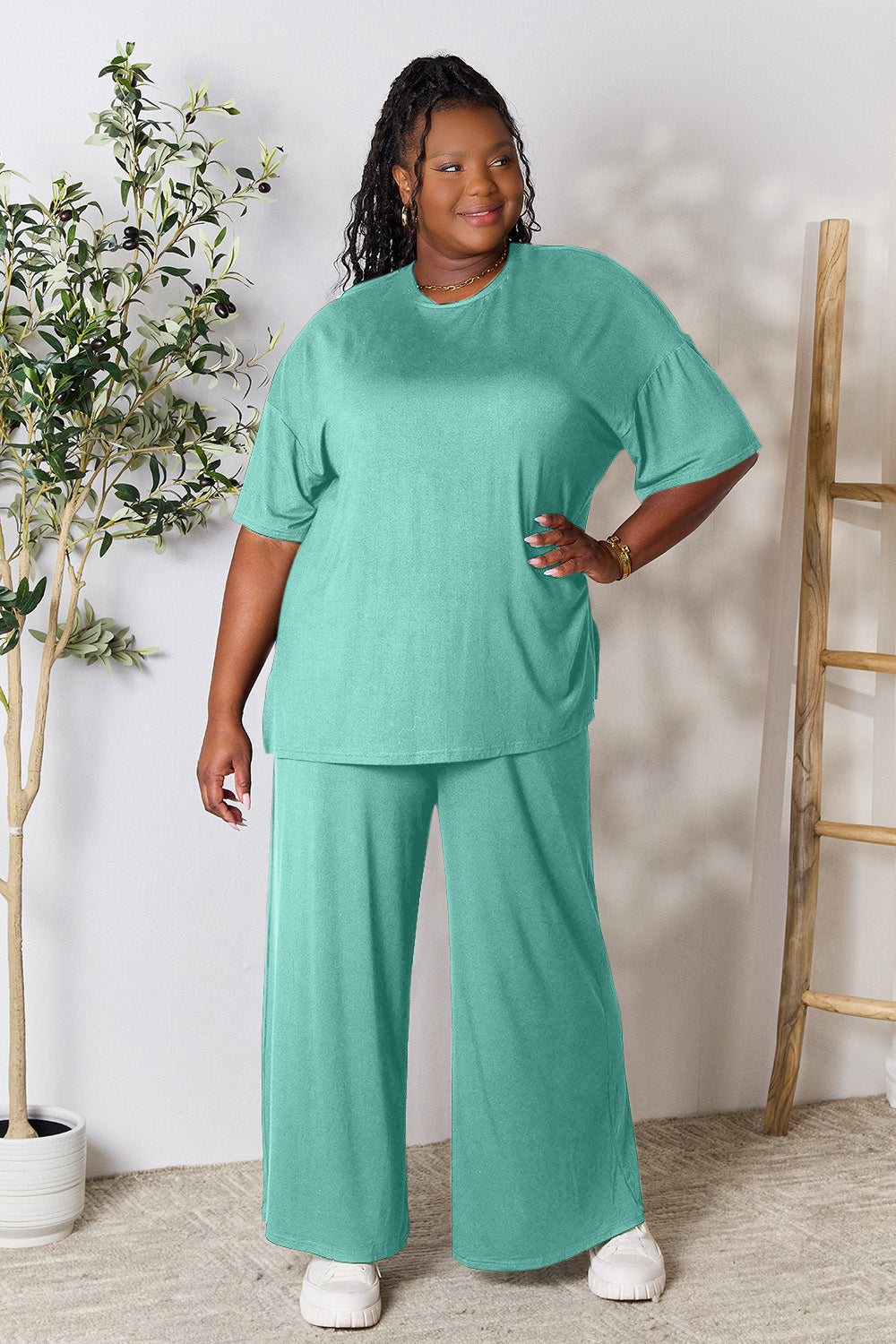 Trendy Duo Full Size Round Neck Slit Top and Pants Set
