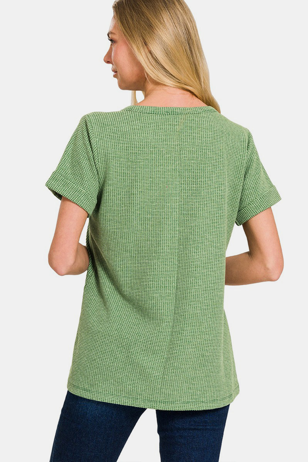 Green Waffle Notched  T-Shirt with Short Sleeve