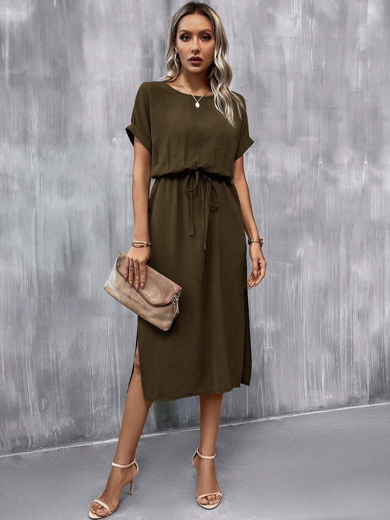 Casual High Waist Round Neck Batwing Sleeve Knot Front Split  Dress