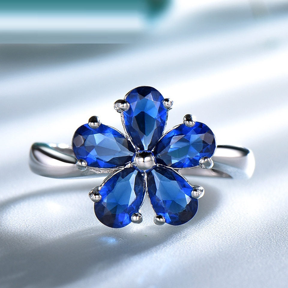 925 Sterling Silver Flower Petal Sapphire Ring.
