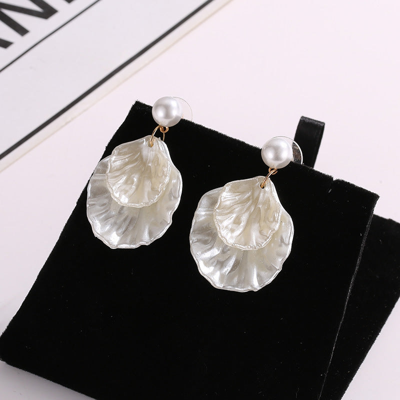 Pearl Seashell  Boho Post Drop Earrings.