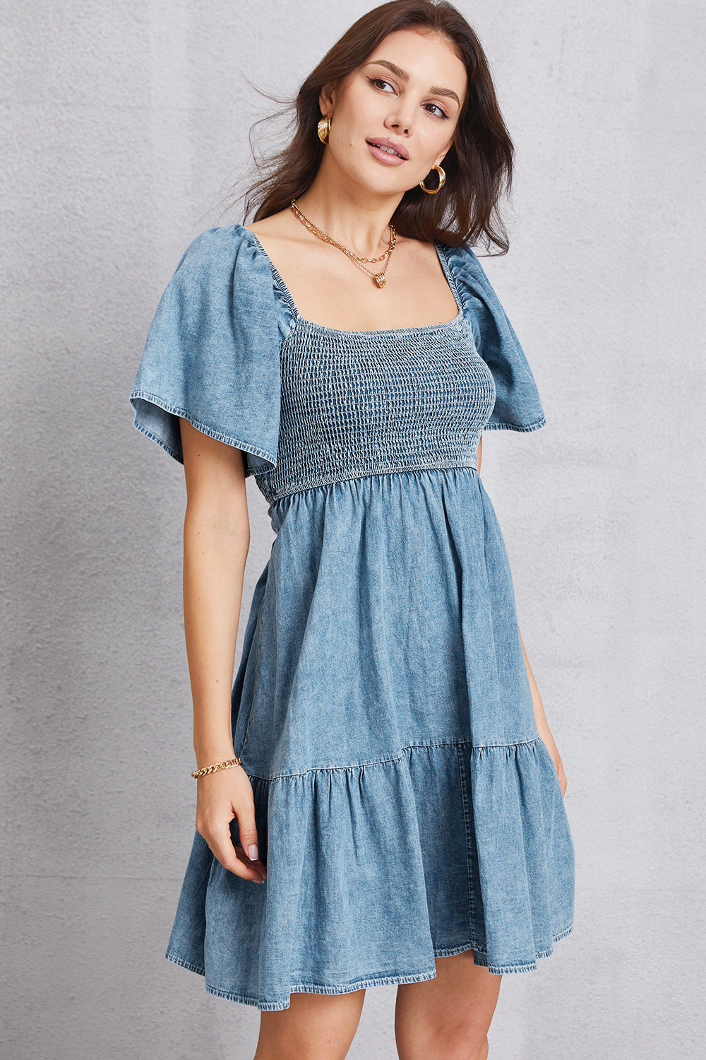 Smocked Perfection Square Neck Mini Denim Dress