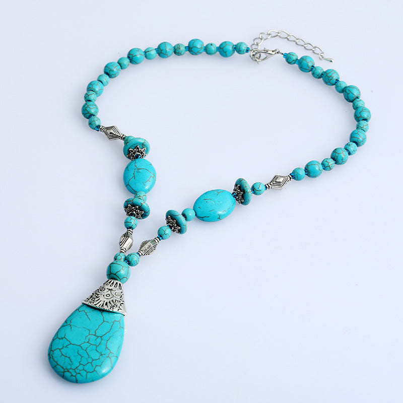 Bohemian Turquoise Water Drop Pendant Necklace.