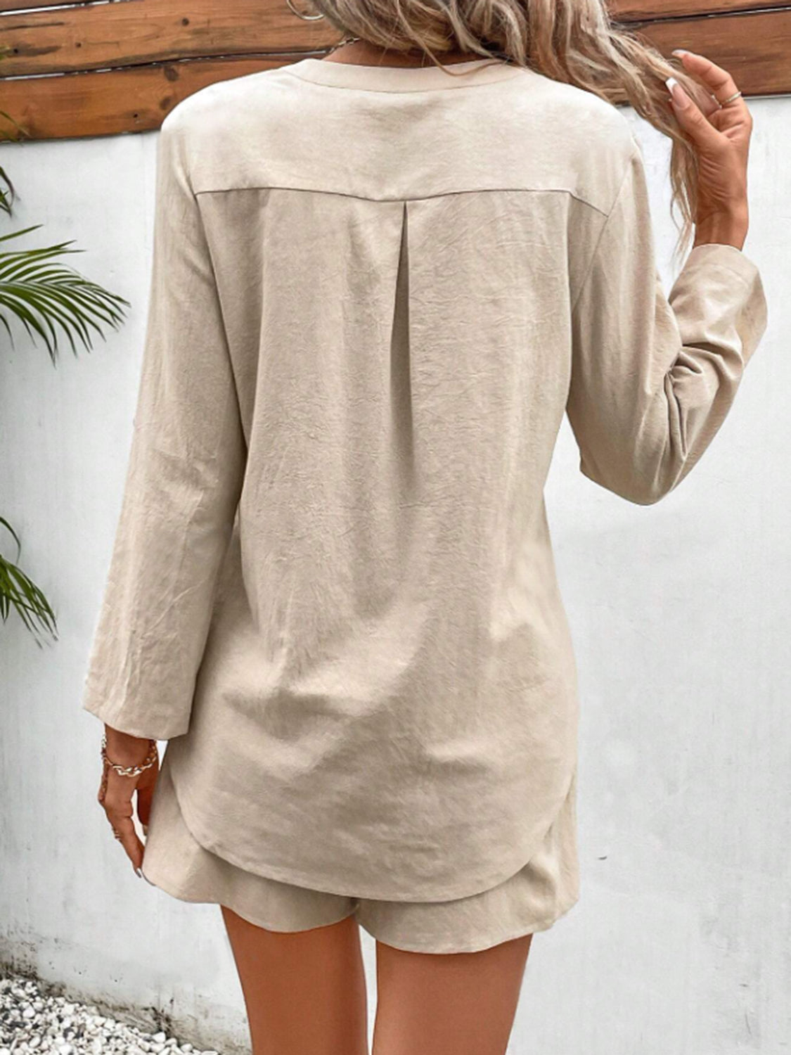 Buttoned Notched Long Sleeve Top and Shorts Set