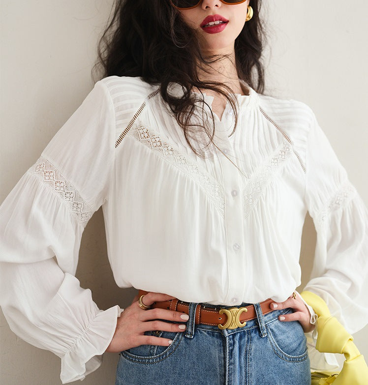 Early Spring Lace Stitching French Shirt