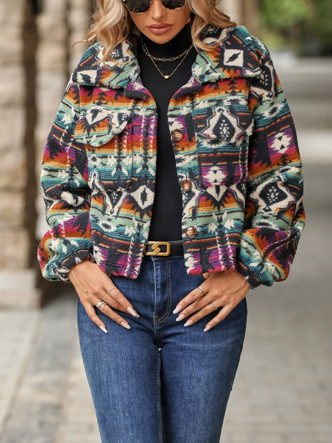 Multicolor Geometric Art Jacket with  Dropped Shoulder Balloon Sleeves