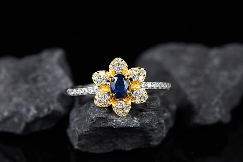 Natural Sapphire Flower Ring Inlaid with Sparkling Gems. - Adjustable to All Sizes.