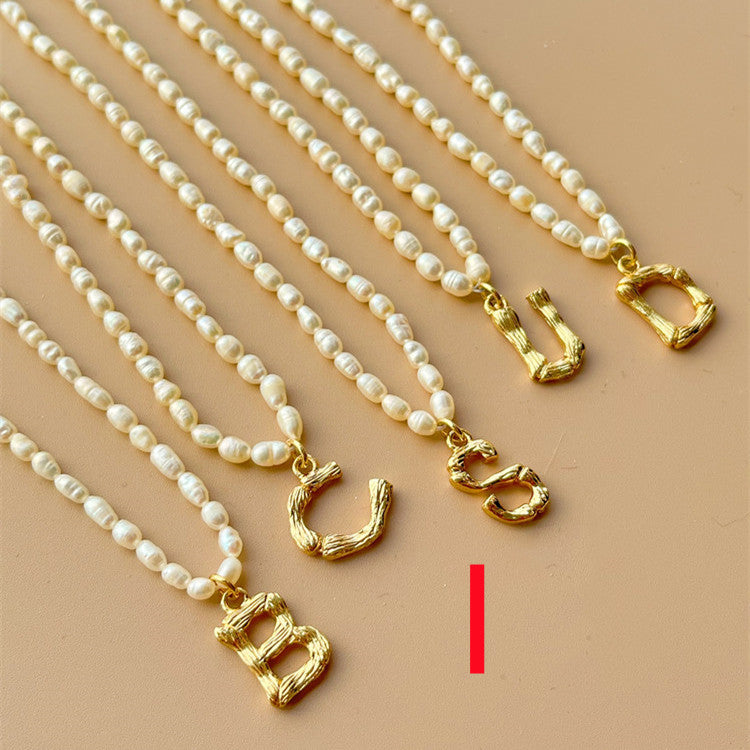 Custom Personalized Natural Freshwater Grain Pearl Letter Necklace Vintage Classic.