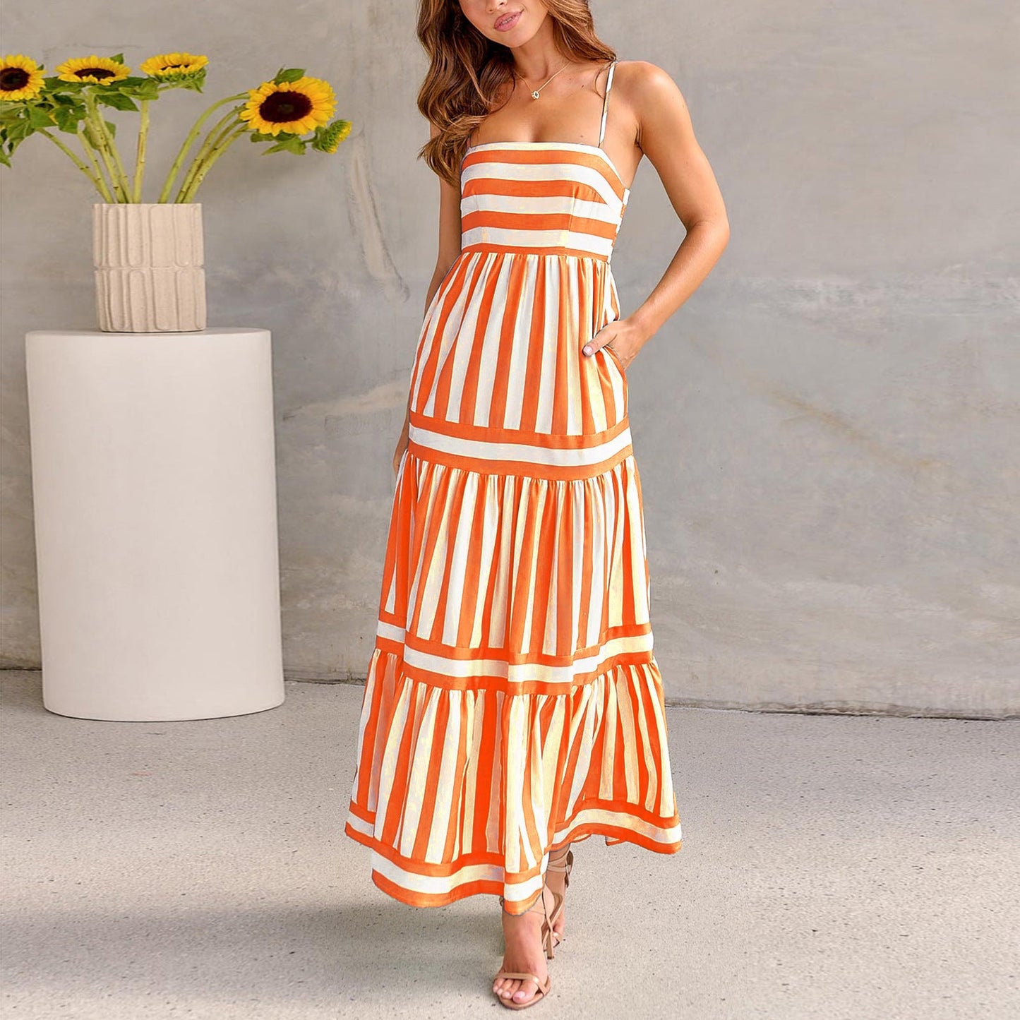Summer Striped Printed Square Neck  Long  Backless Dress With Pockets