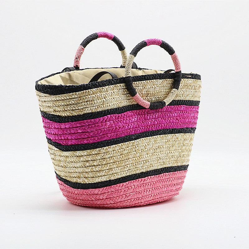 Pink Stripes Woven Boho Beach Shoulder Bag