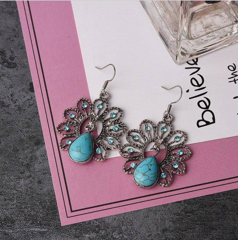 Unique Boho Turquoise Dangle Drop Peacock Earrings.