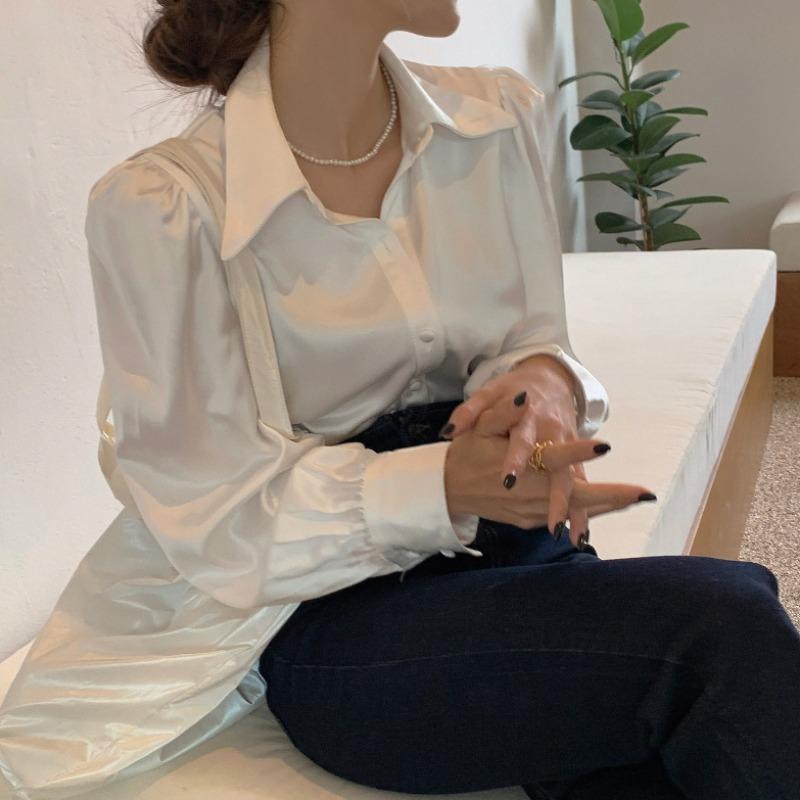 Puff Sleeve Lapel Satin All-match Shirt