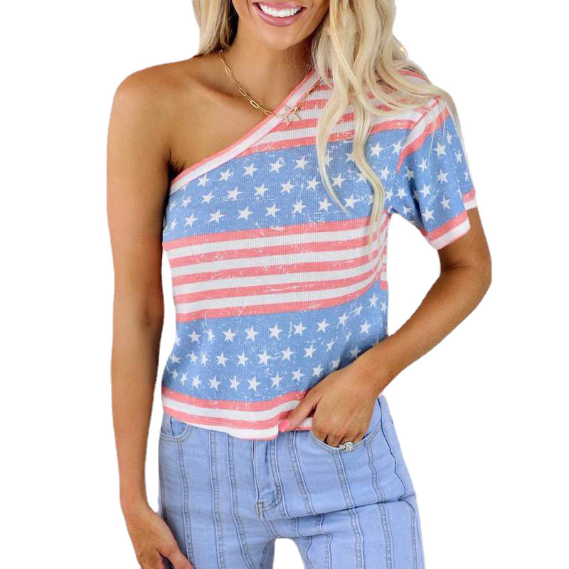 America Flag Printed Slanted Shoulder Top
