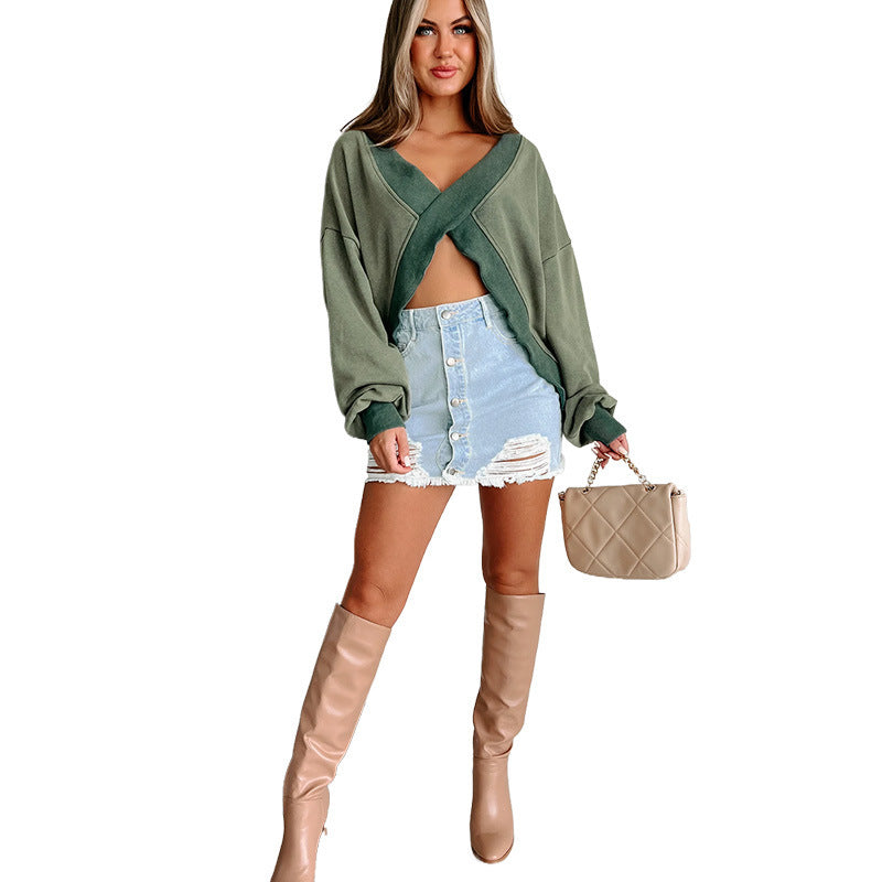 Earthy Geen V-neck Long Sleeve Loose Flattering Sweater