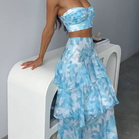 Split Sleeve Backless Top with Skirt Two-piece Set