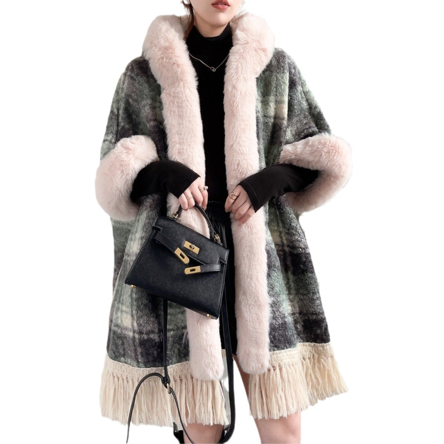 Classy Lady Plaid Pattern Cape Jacket
