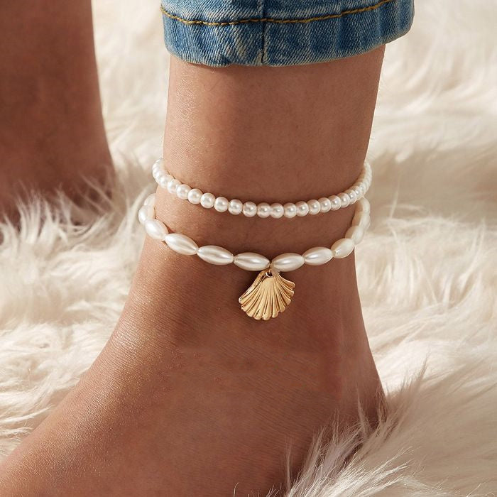 Freshwater Pearl Shell Layered Anklet Set - Includes Both.