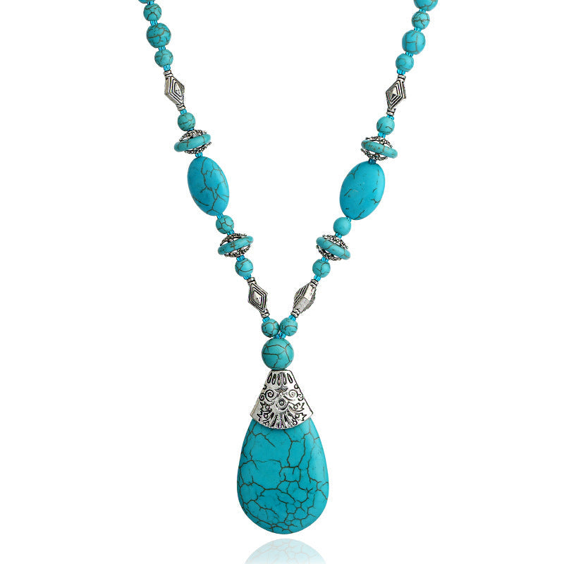 Bohemian Turquoise Water Drop Pendant Necklace.