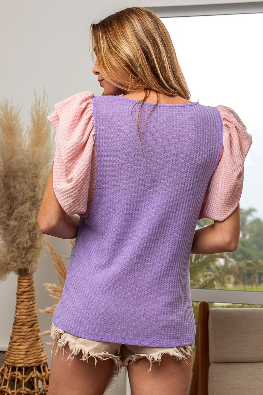 Lilac Pink Waffle-Knit  Blouse with Ruffled Cap Sleeve