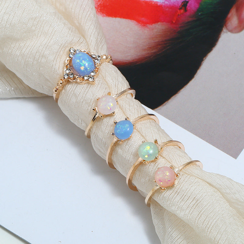 Opal Candy Color Gold Ring Set - 5 Ring Set - Adjustable.