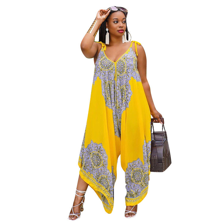 Printed Vibrant Fashion Loose Suspenders Jumpsuit