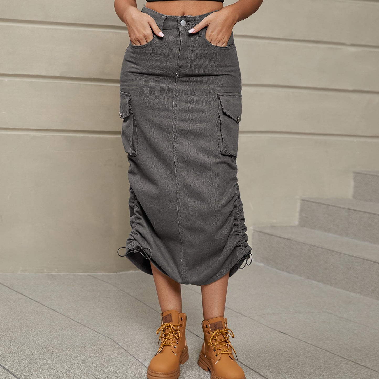 City Scene Drawstring Ruched Denim Midi Skirt