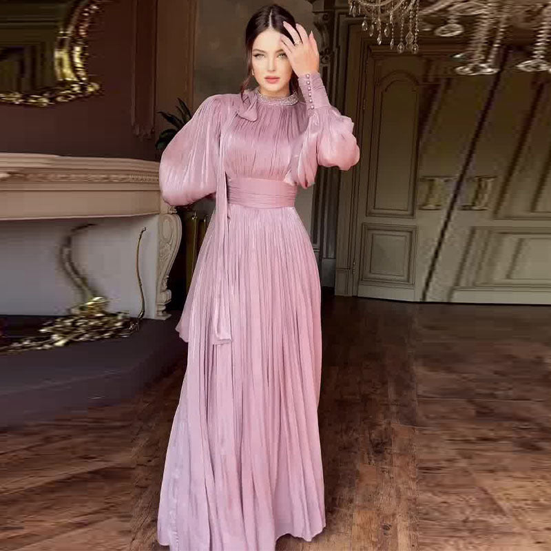 Pleated  Glamour Waist Tight Long Sleeve Dress