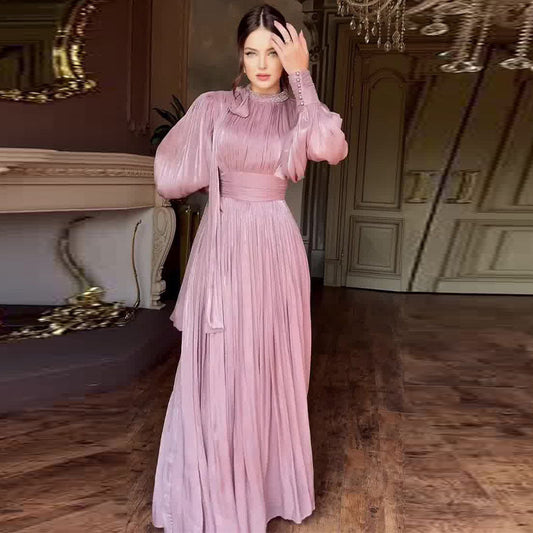 Pleated  Glamour Waist Tight Long Sleeve Dress