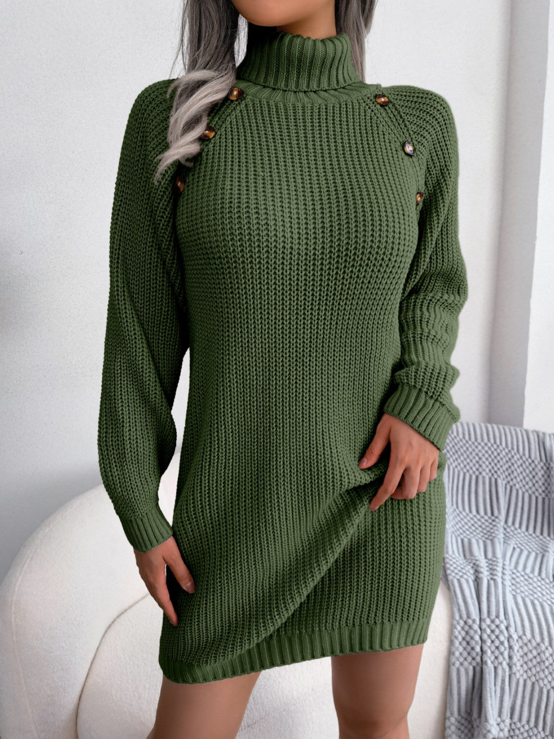 Gold Decorative Button Turtleneck Sweater Dress