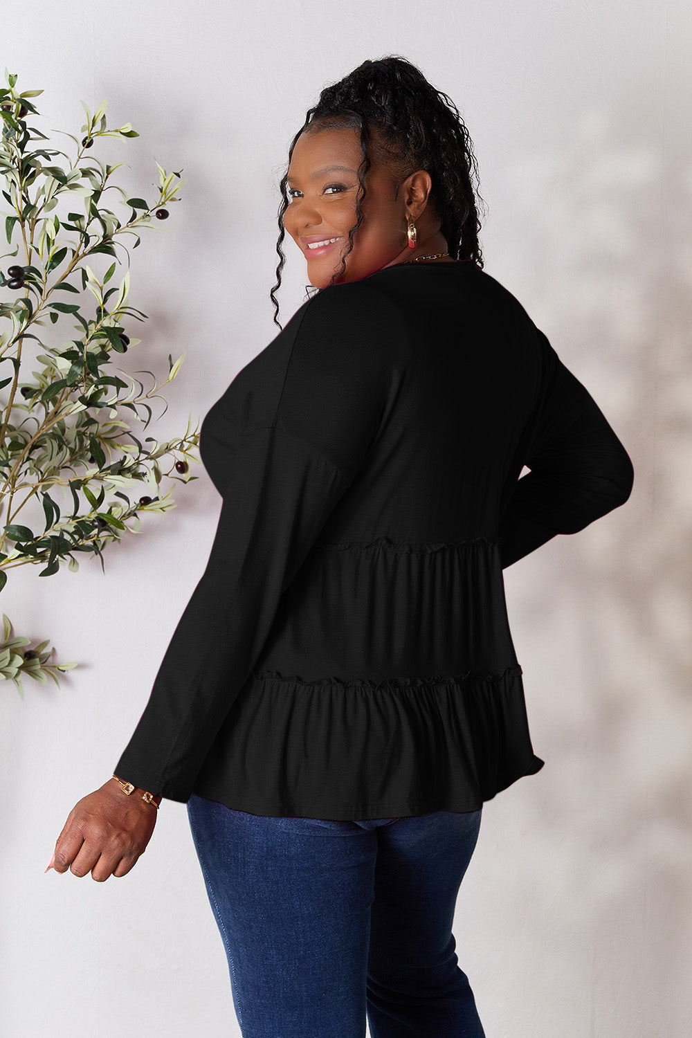 Comfy Ruffle Hem  Double Take Half Button Blouse & Long Sleeve