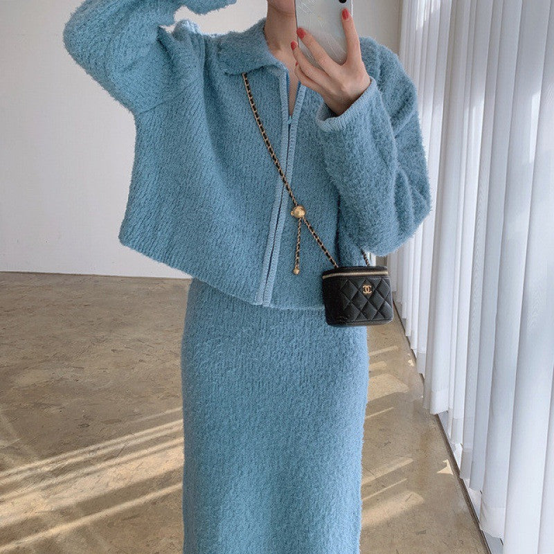 Plush Knitted Cardigan Coat with Skirt Two-Piece Set