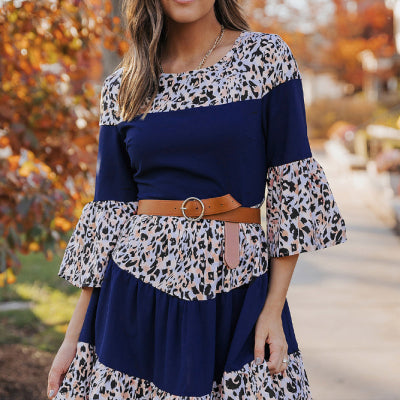 Printed Round Neck Pullover Bell Sleeve Dress