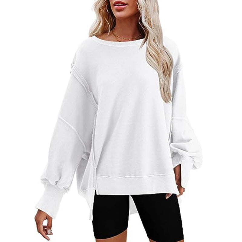 Sweatshirt Loose Round Neck Side Slit Long Sleeves Pullover Top