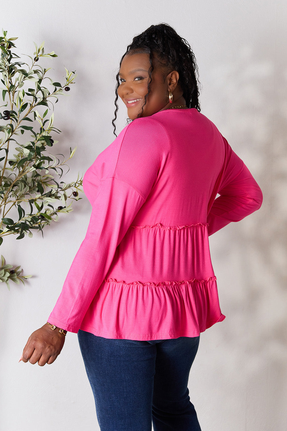 Comfy Ruffle Hem  Double Take Half Button Blouse & Long Sleeve