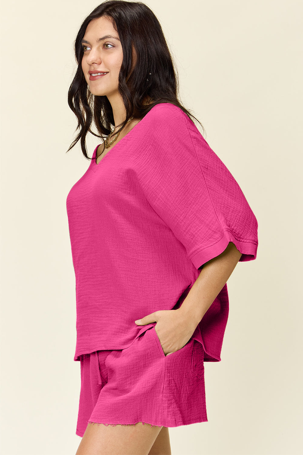 Double Take Texture T-Shirt and Drawstring Shorts Set