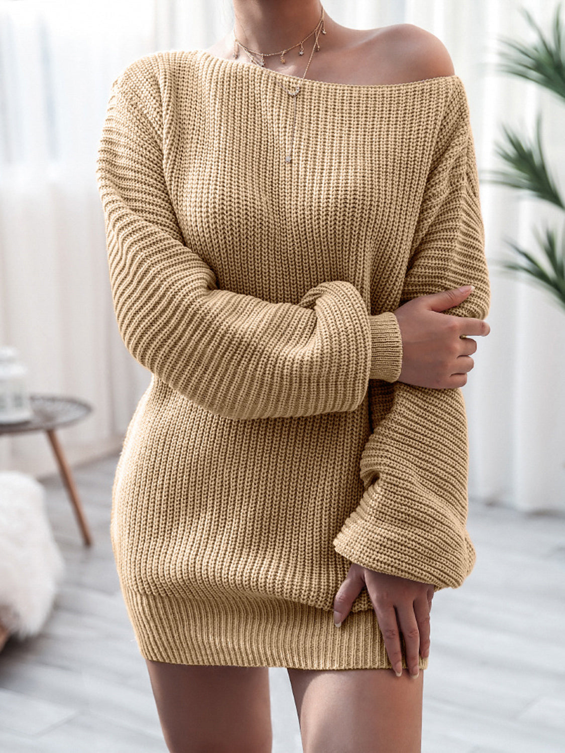 Stylish Rib-Knit Mini  Off Shoulder Sweater Dress