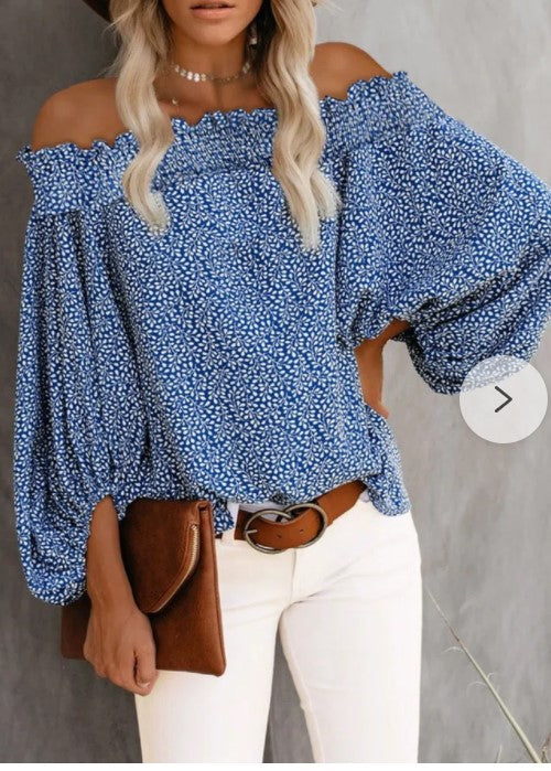 Floral Print  Off-The-Shoulder Blouse  Lantern Sleeve