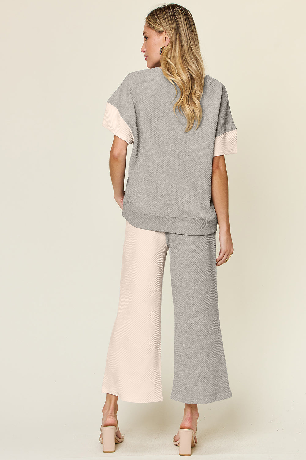Trendy Texture Contrast T-Shirt and Wide Leg Pants Set