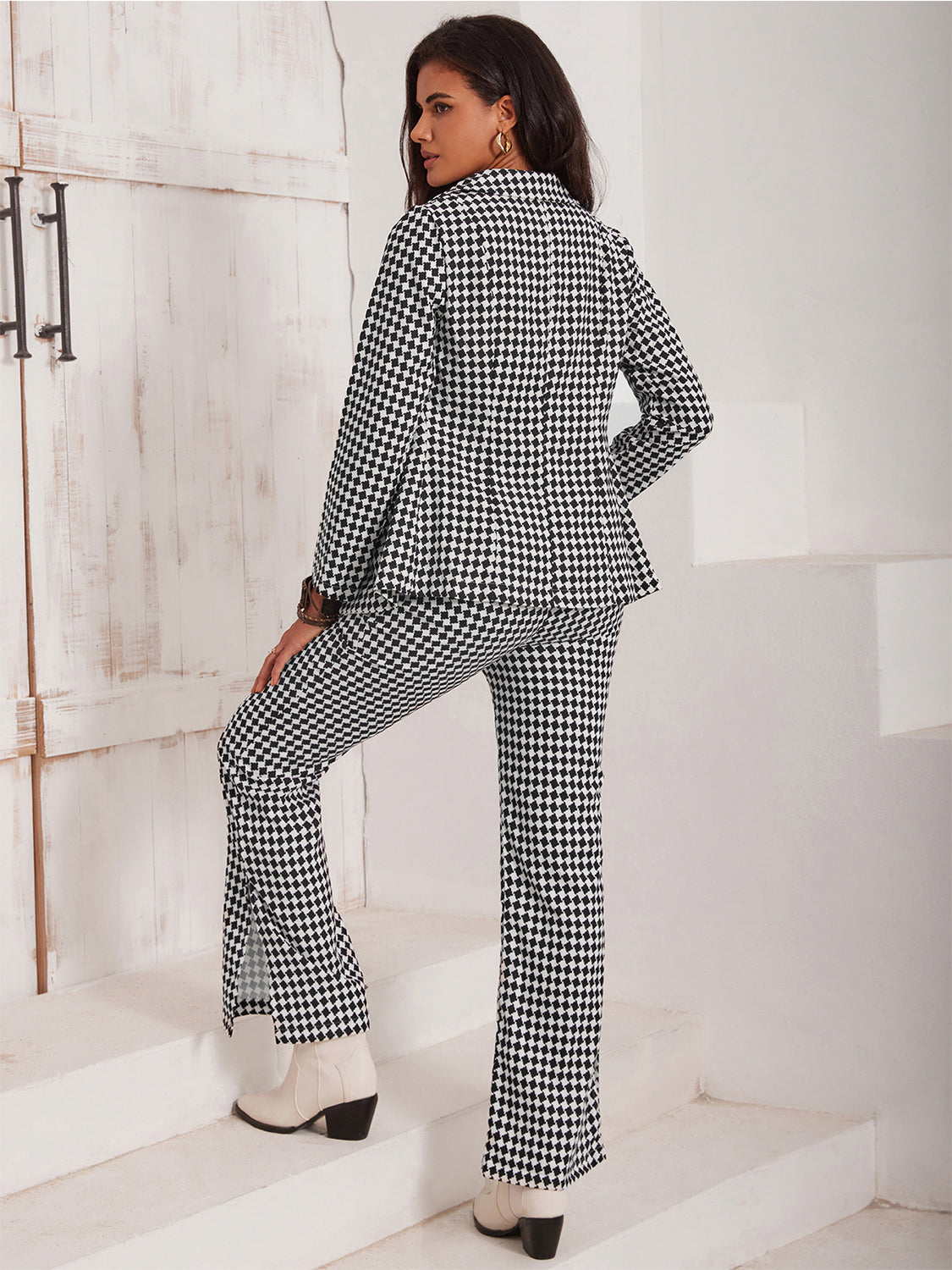 Classic Checkered Blazer & Slit Pants Set