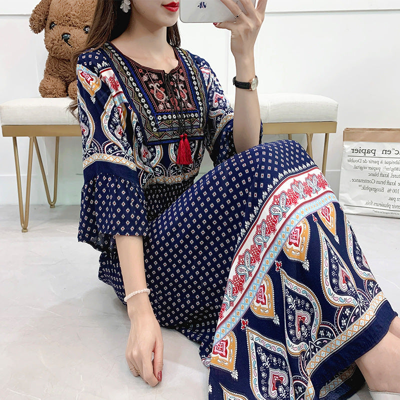 Artsy Crew Neck Ruffle Half Sleeve Silky Dress