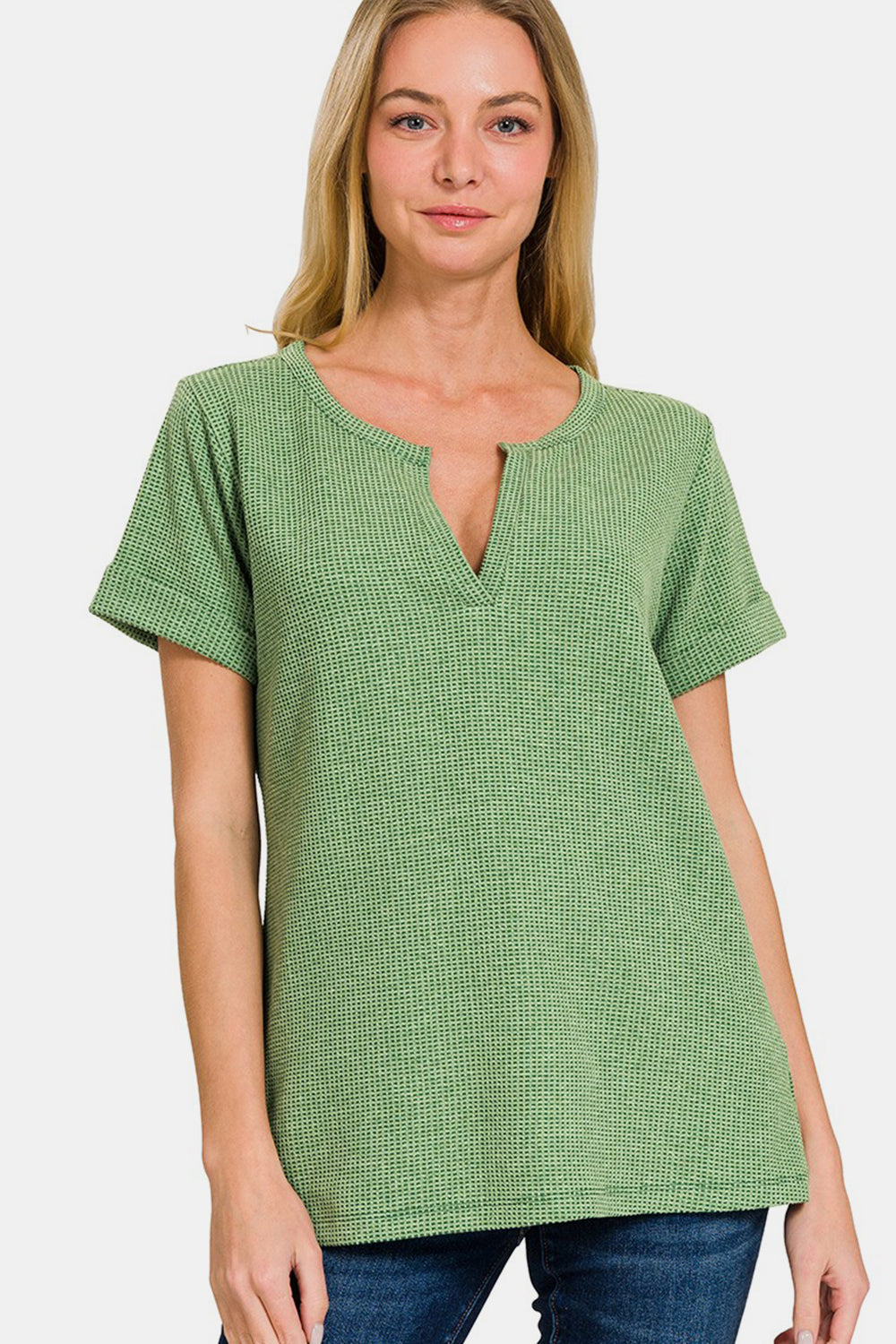 Green Waffle Notched  T-Shirt with Short Sleeve