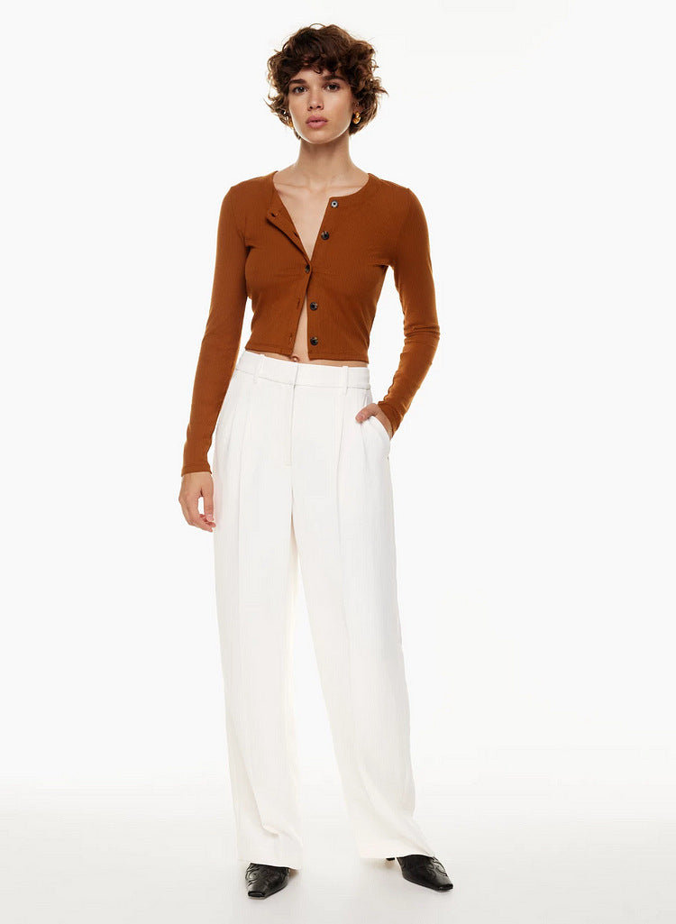 High Waist Straight Trousers With Pockets Wide Leg Pants