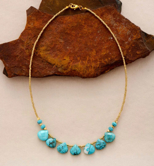 Boho Turquoise Beads Necklace Gold Beads.