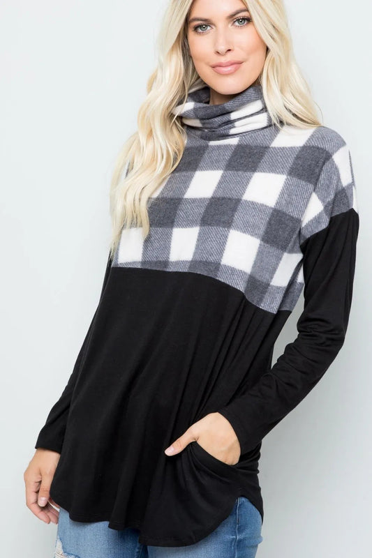 Black White Plaid Turtleneck Blouse with Pocketed & Long Sleeve