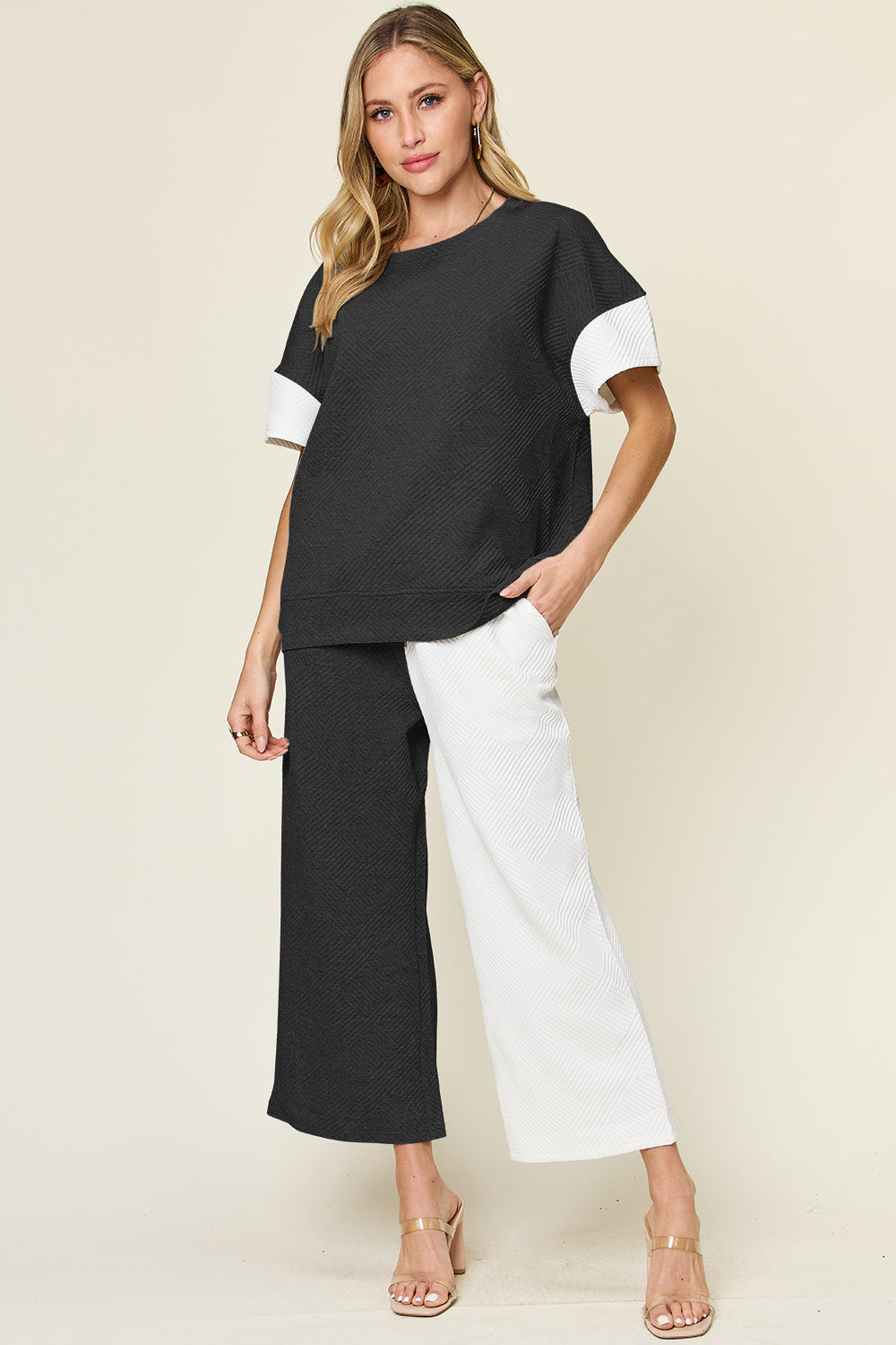 Trendy Texture Contrast T-Shirt and Wide Leg Pants Set
