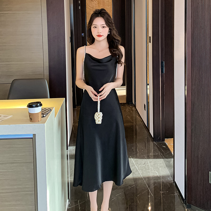 Ebony Silk Sleeveless Satin Slip Dress