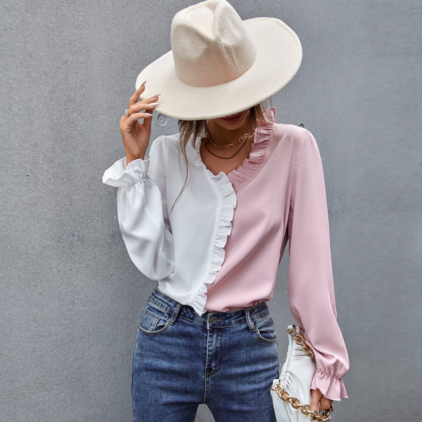 Two Tone  V-neck Ruffle Blouse with  Lotus leaf Sleeve